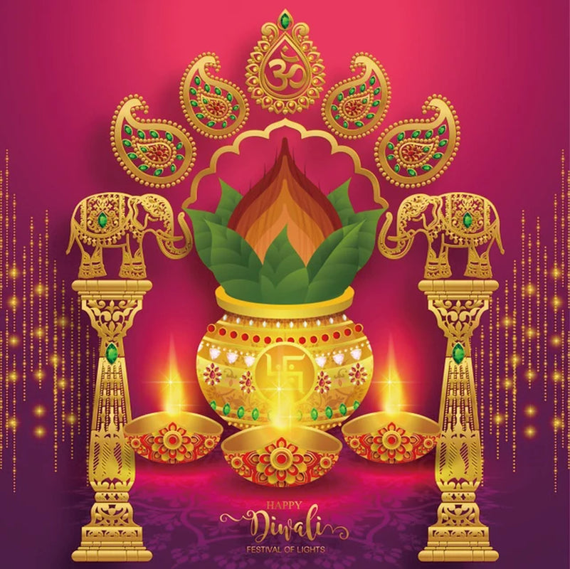 Laeacoo Diwali/Indian Festival Wall Hanging Gold Sparkly Red Backdrop Candle Elephant Fireworks Photography Backdrop Photo Background