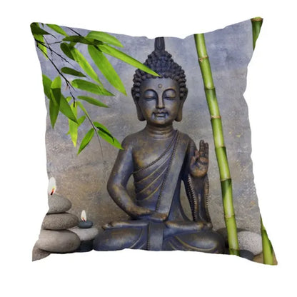 Indian Buddha Statue Stone Carving Sakyamuni Linen Pillowcase 