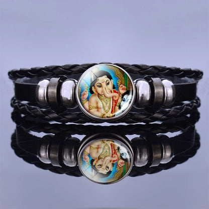 India Supernatural Being Statement Bangle Bracelet Elephant God Shiva Buddha Photo Black Leather Glass Cabochon Bracelets