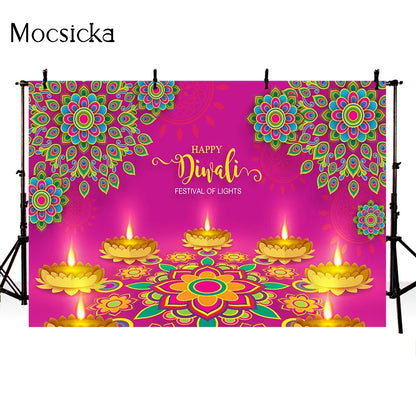 Happy Diwali Backdrop Festival of Lights Backgrounds for Photo Studio Gold Lotus Party Decor Photography Backdrops