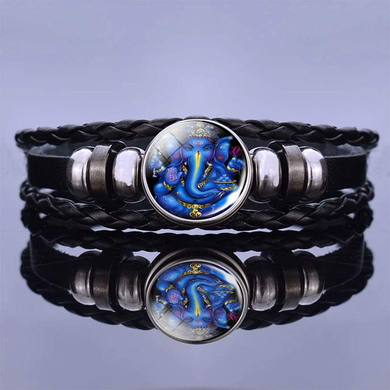 India Supernatural Being Statement Bangle Bracelet Elephant God Shiva Buddha Photo Black Leather Glass Cabochon Bracelets