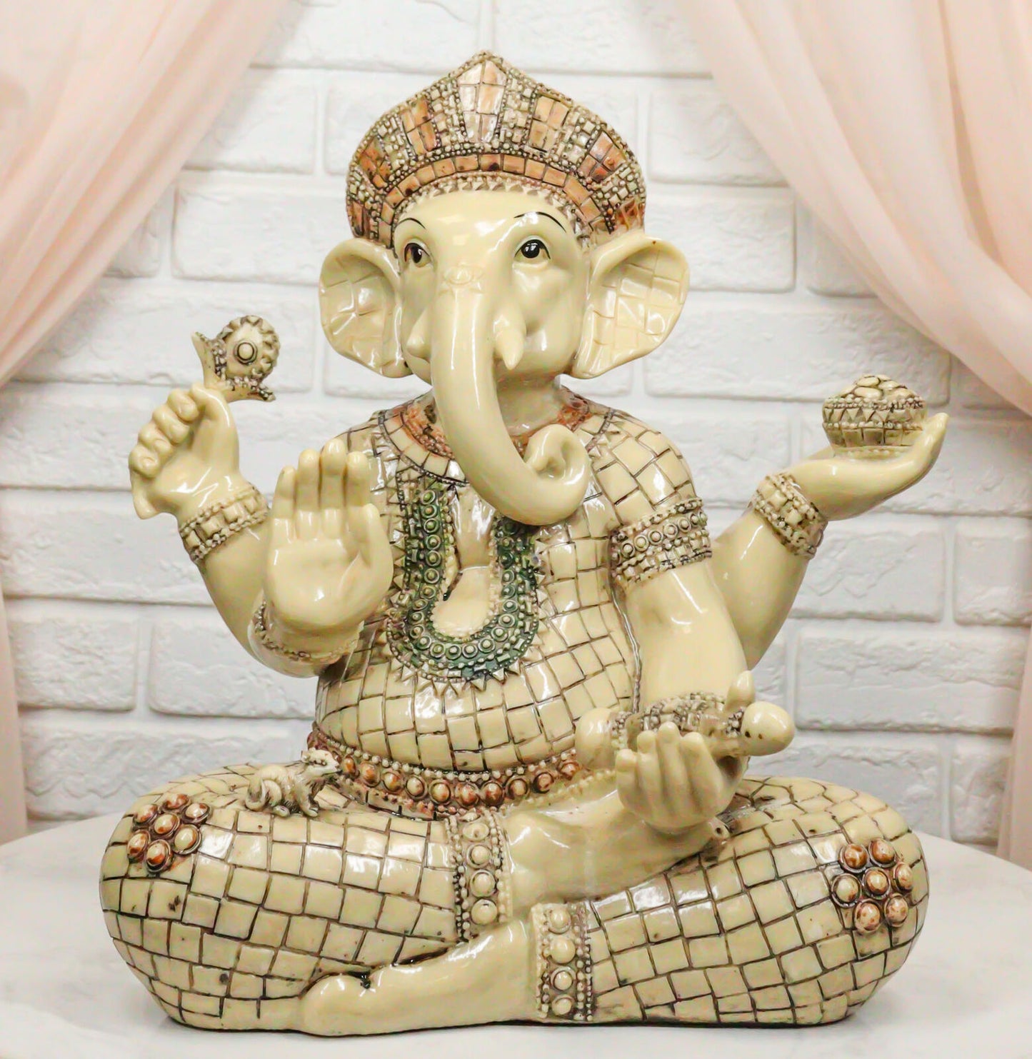 11" Hindu Ganesha Statue in Meditation with Bowl, Conch, and Lotus