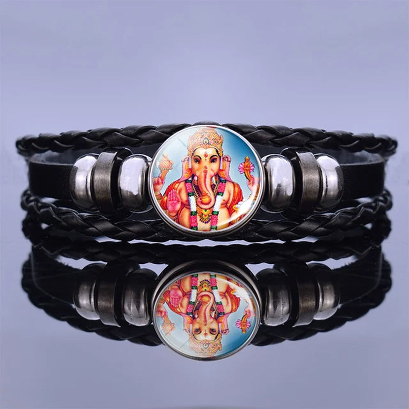 India Supernatural Being Statement Bangle Bracelet Elephant God Shiva Buddha Photo Black Leather Glass Cabochon Bracelets