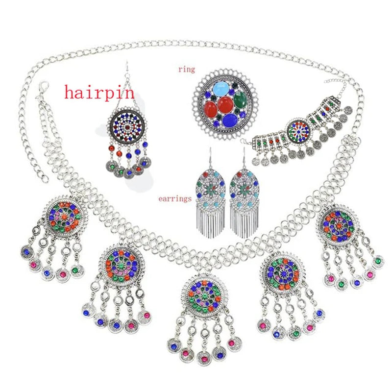 Colorful Tassel Earrings Necklace Bracelet Belly Chain Set