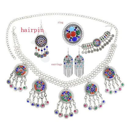 Colorful Tassel Earrings Necklace Bracelet Belly Chain Set