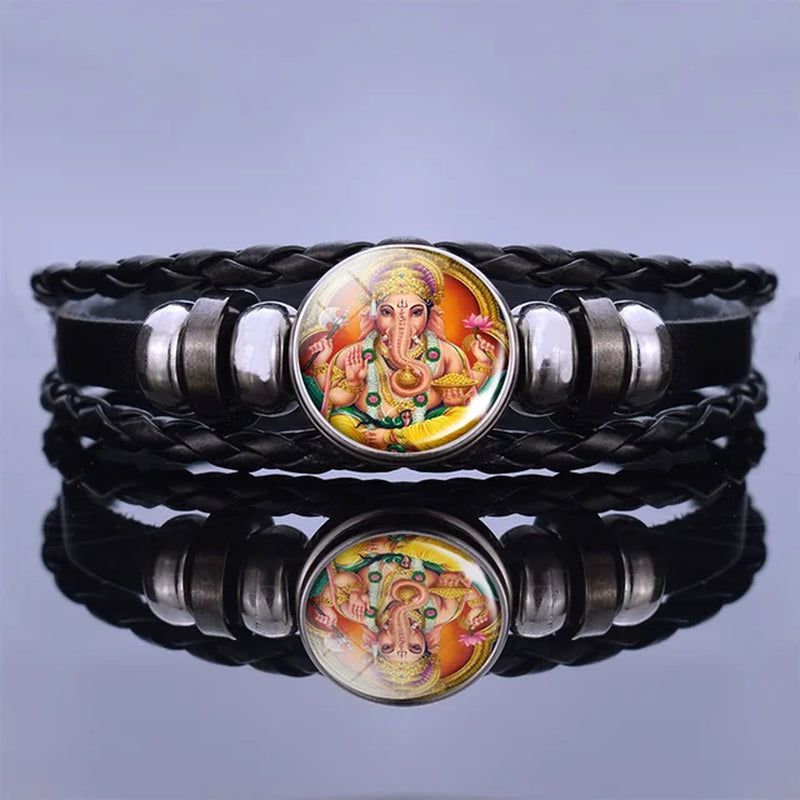 India Supernatural Being Statement Bangle Bracelet Elephant God Shiva Buddha Photo Black Leather Glass Cabochon Bracelets