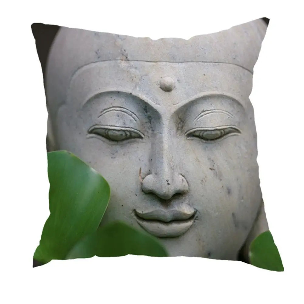 Indian Buddha Statue Stone Carving Sakyamuni Linen Pillowcase 