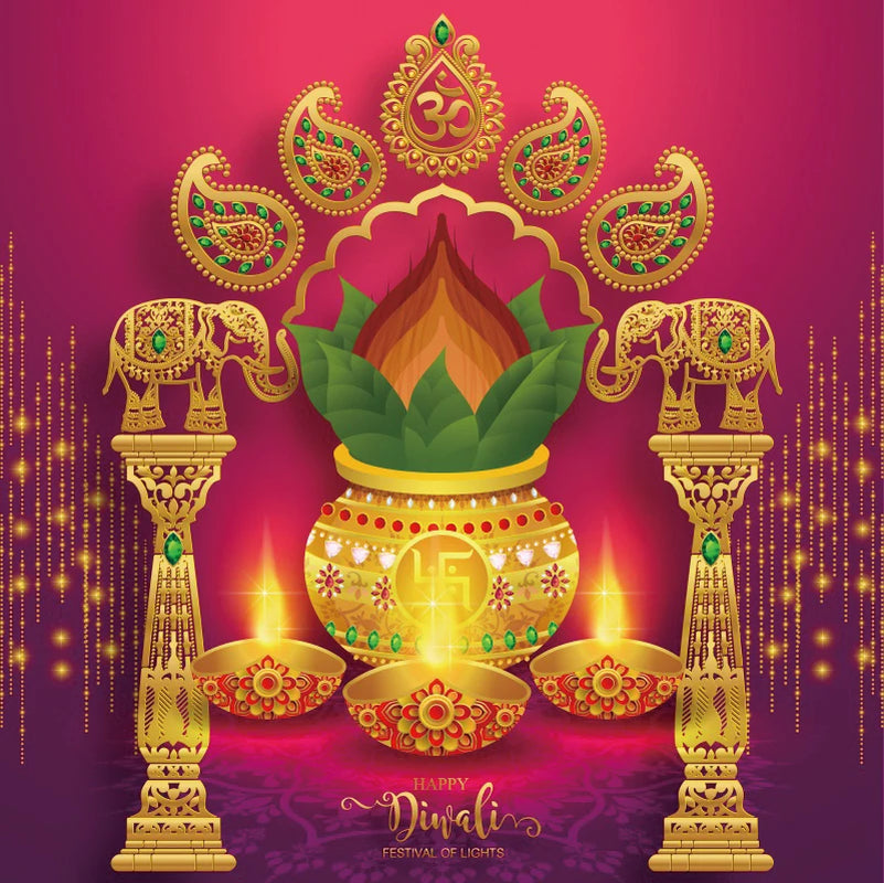 Laeacoo Diwali/Indian Festival Wall Hanging Gold Sparkly Red Backdrop Candle Elephant Fireworks Photography Backdrop Photo Background