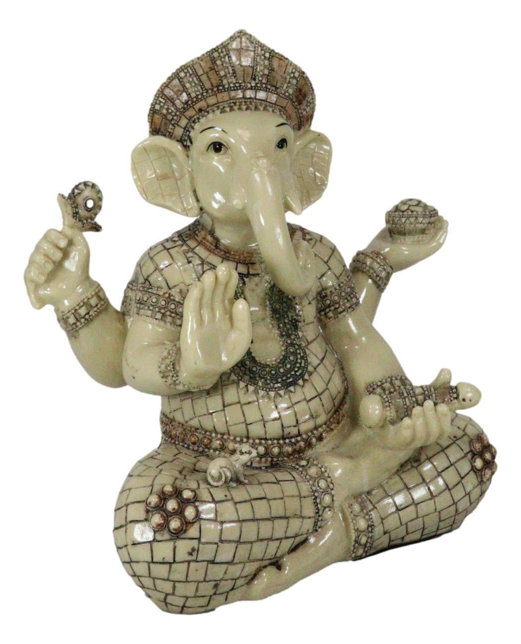 11" Hindu Ganesha Statue in Meditation with Bowl, Conch, and Lotus