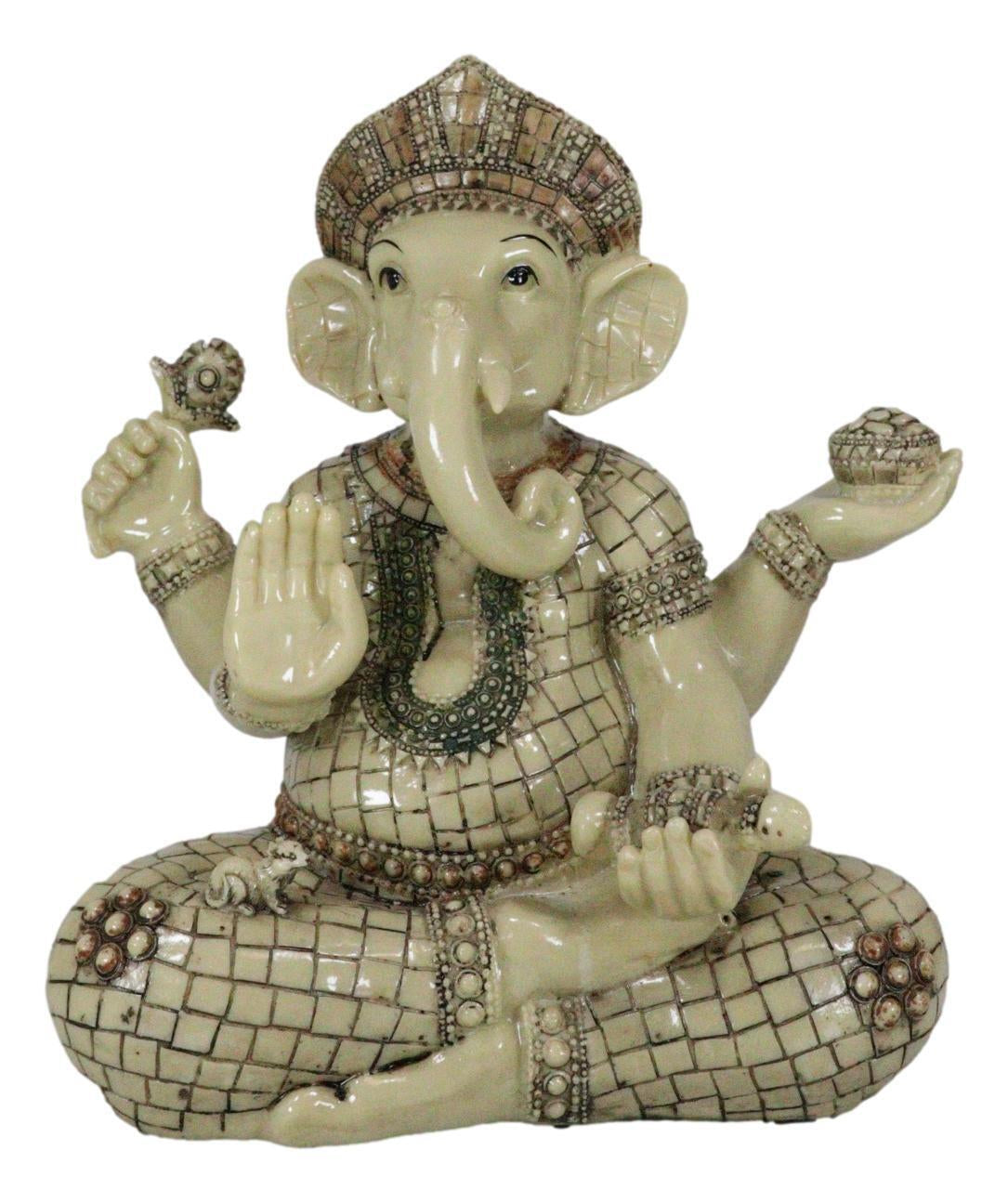 11" Hindu Ganesha Statue in Meditation with Bowl, Conch, and Lotus