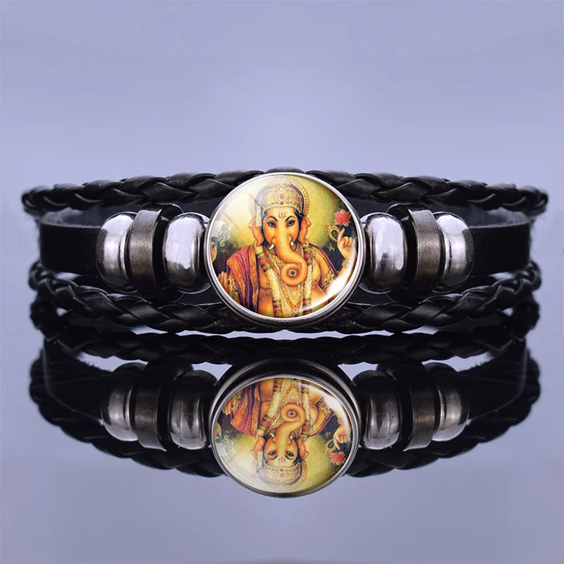 India Supernatural Being Statement Bangle Bracelet Elephant God Shiva Buddha Photo Black Leather Glass Cabochon Bracelets