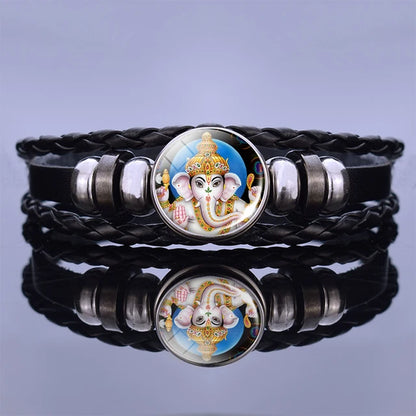 India Supernatural Being Statement Bangle Bracelet Elephant God Shiva Buddha Photo Black Leather Glass Cabochon Bracelets