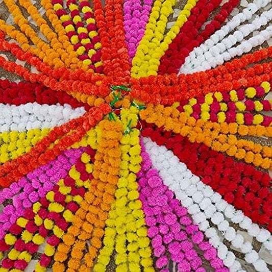 50 Mix Color Strings Artificial Marigold Flower 4.5 FEET Long for Parties Weddings Indian Theme Decorations Home Decoration Diwali Festival Christmas Garland Mehndi, Multi