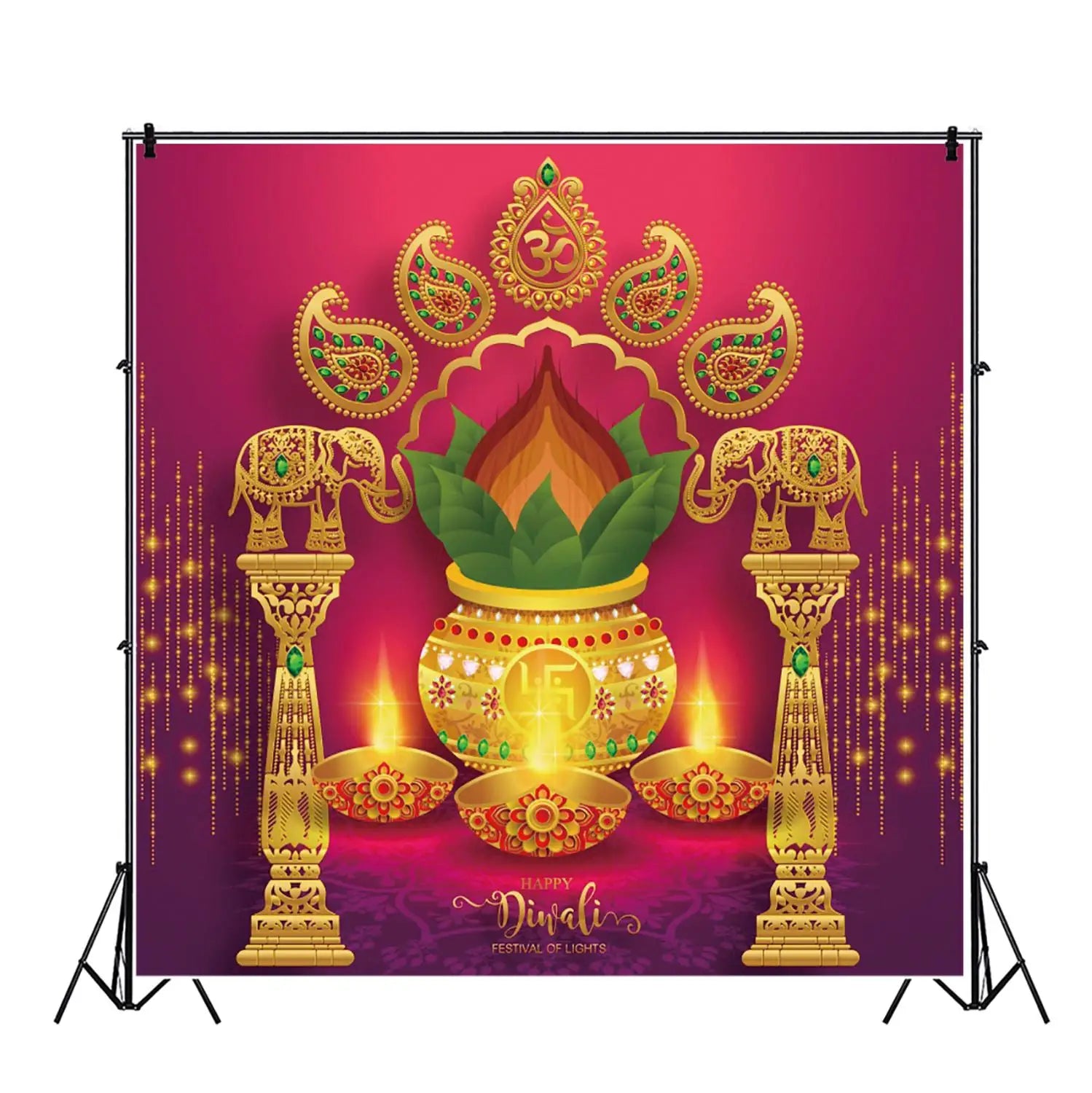 Laeacoo Diwali/Indian Festival Wall Hanging Gold Sparkly Red Backdrop Candle Elephant Fireworks Photography Backdrop Photo Background