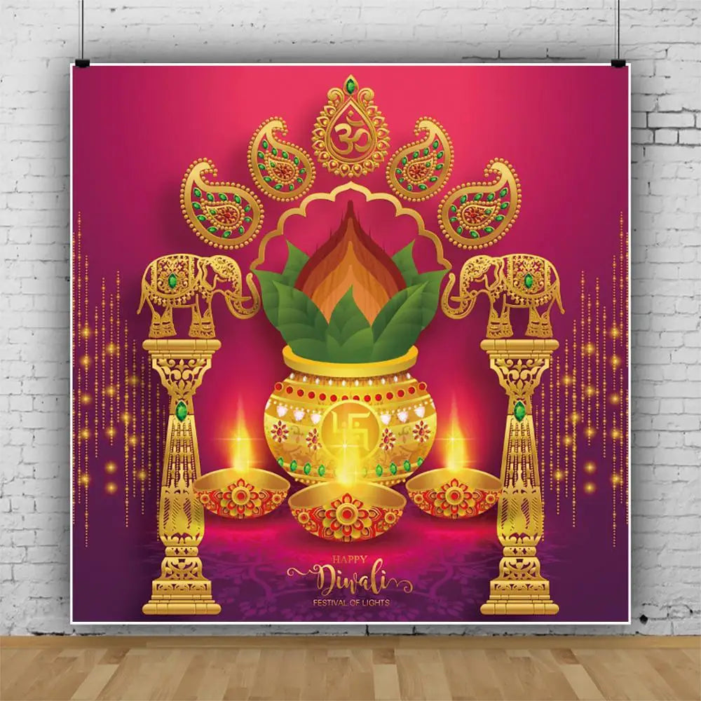 Laeacoo Diwali/Indian Festival Wall Hanging Gold Sparkly Red Backdrop Candle Elephant Fireworks Photography Backdrop Photo Background