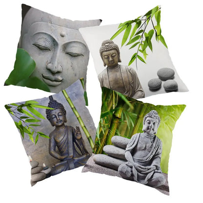 Indian Buddha Statue Stone Carving Sakyamuni Linen Pillowcase 