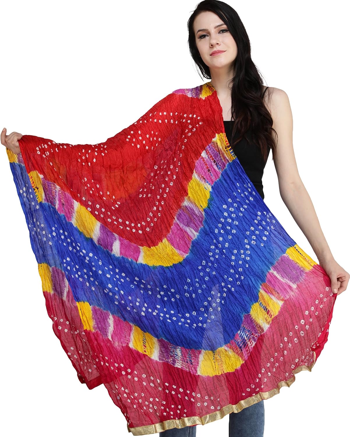 Indian Bandhani Tie-Dye Crinkled Dupatta with Gota Border