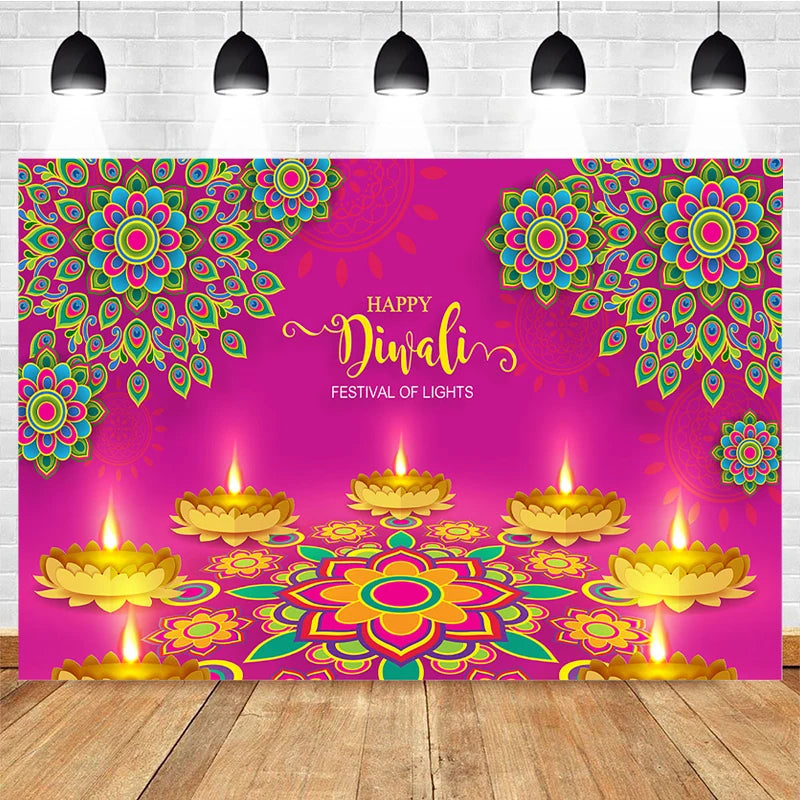 Happy Diwali Backdrop Festival of Lights Backgrounds for Photo Studio Gold Lotus Party Decor Photography Backdrops