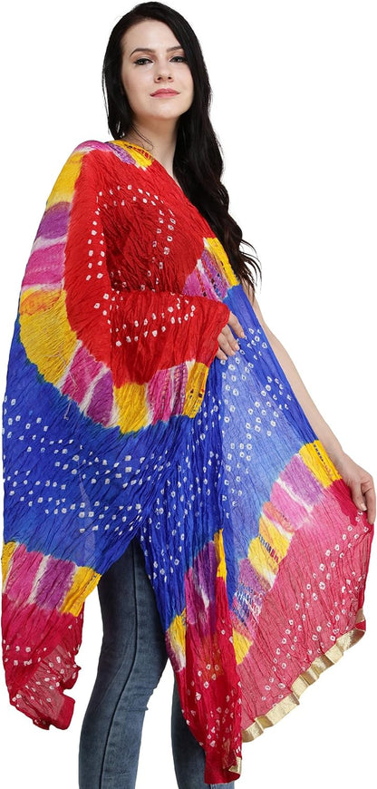 Indian Bandhani Tie-Dye Crinkled Dupatta with Gota Border