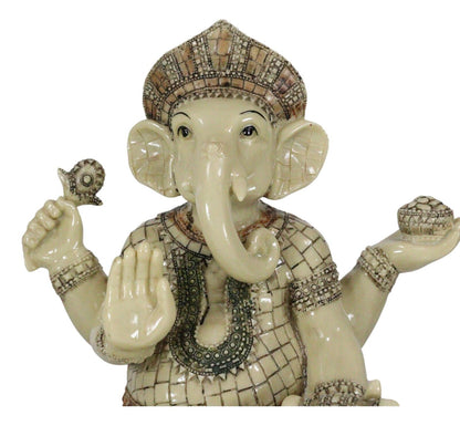 11" Hindu Ganesha Statue in Meditation with Bowl, Conch, and Lotus