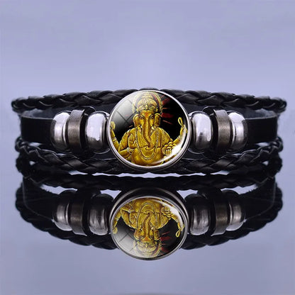 India Supernatural Being Statement Bangle Bracelet Elephant God Shiva Buddha Photo Black Leather Glass Cabochon Bracelets