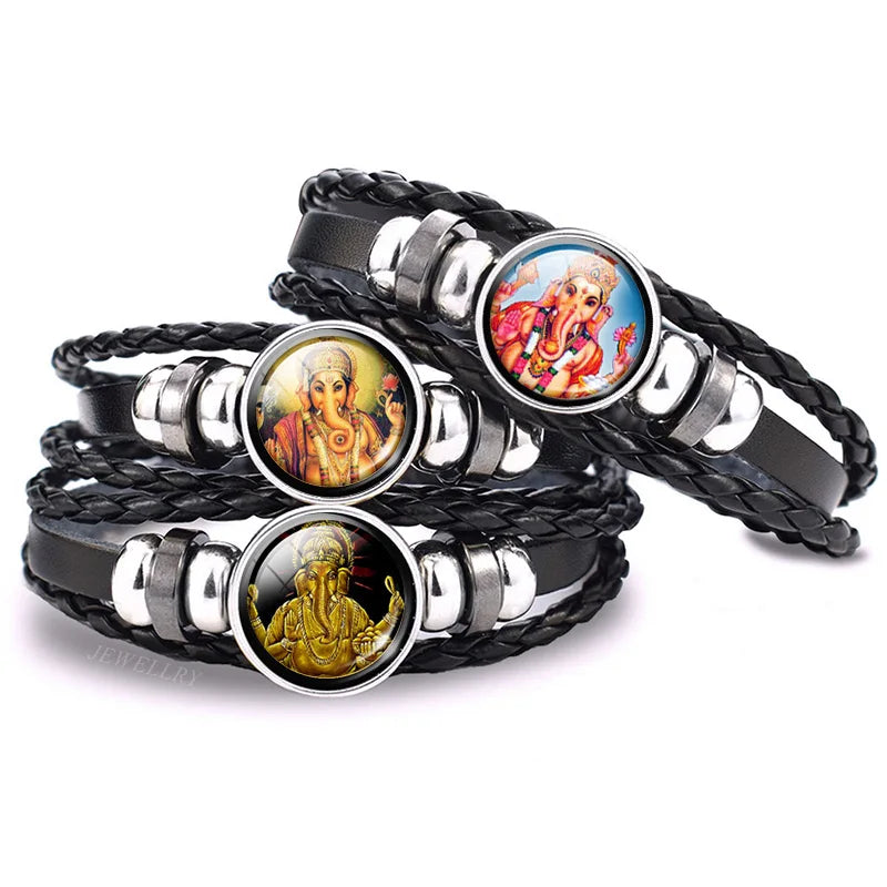 India Supernatural Being Statement Bangle Bracelet Elephant God Shiva Buddha Photo Black Leather Glass Cabochon Bracelets