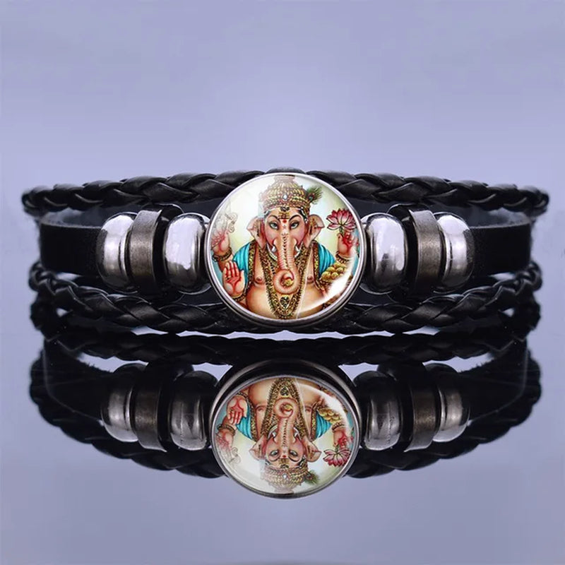 India Supernatural Being Statement Bangle Bracelet Elephant God Shiva Buddha Photo Black Leather Glass Cabochon Bracelets