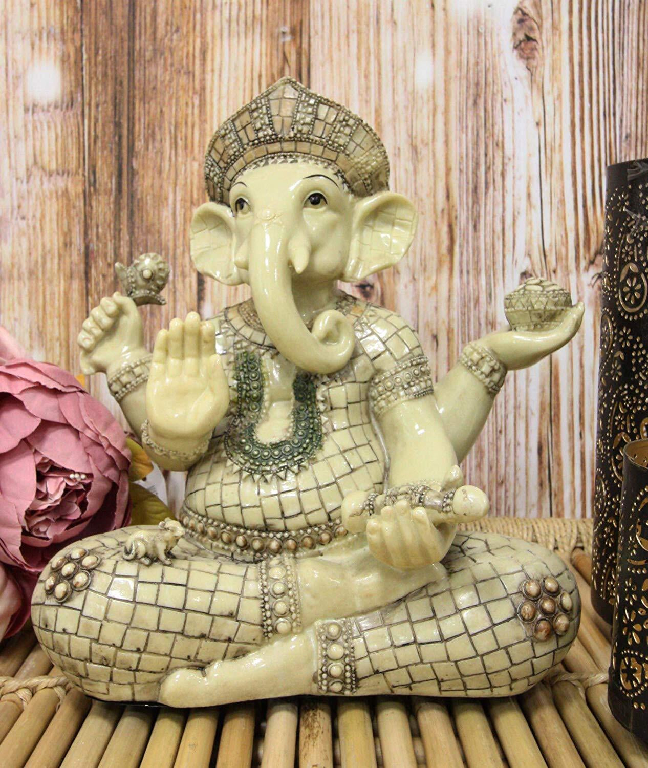 11" Hindu Ganesha Statue in Meditation with Bowl, Conch, and Lotus