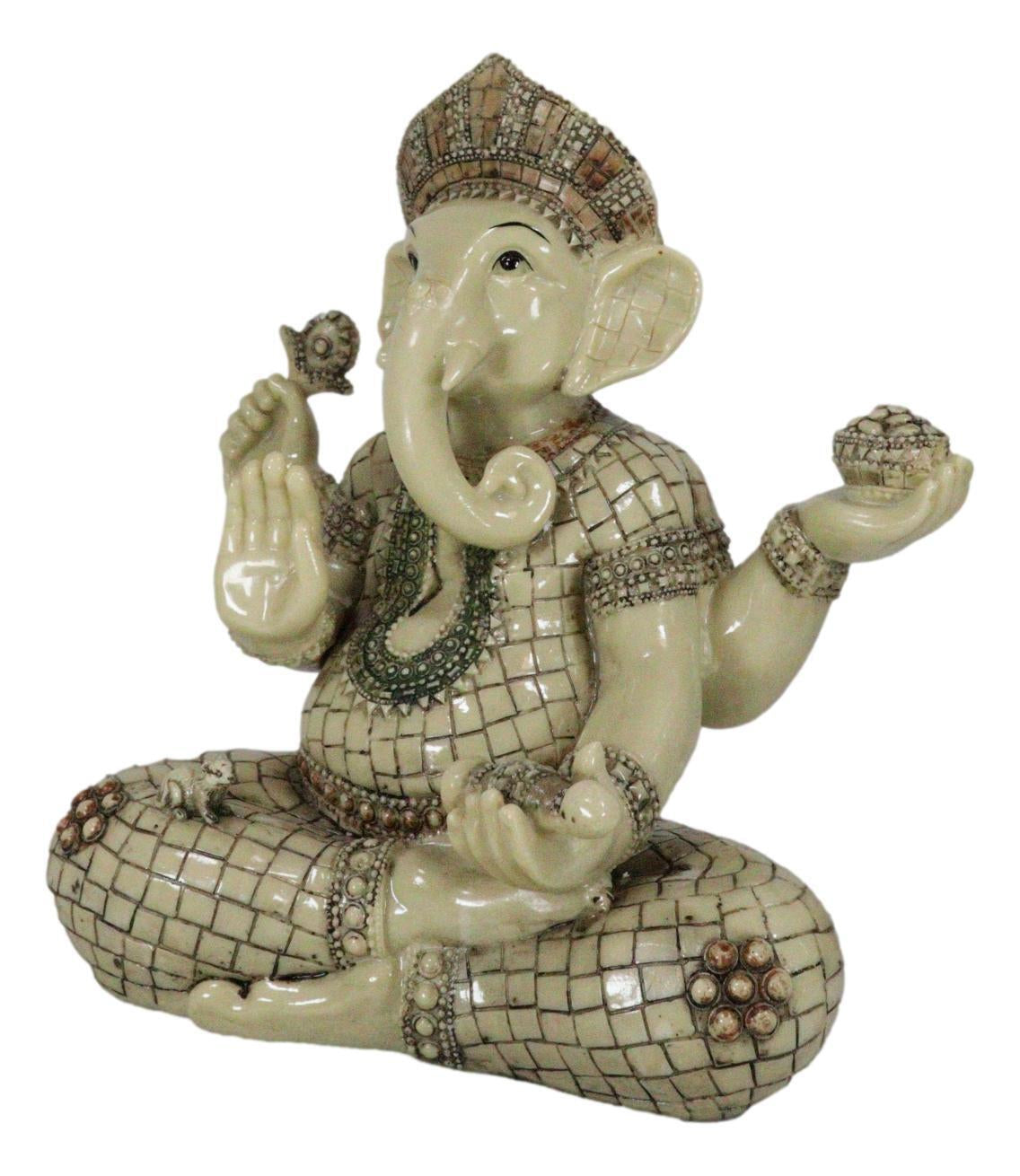 11" Hindu Ganesha Statue in Meditation with Bowl, Conch, and Lotus