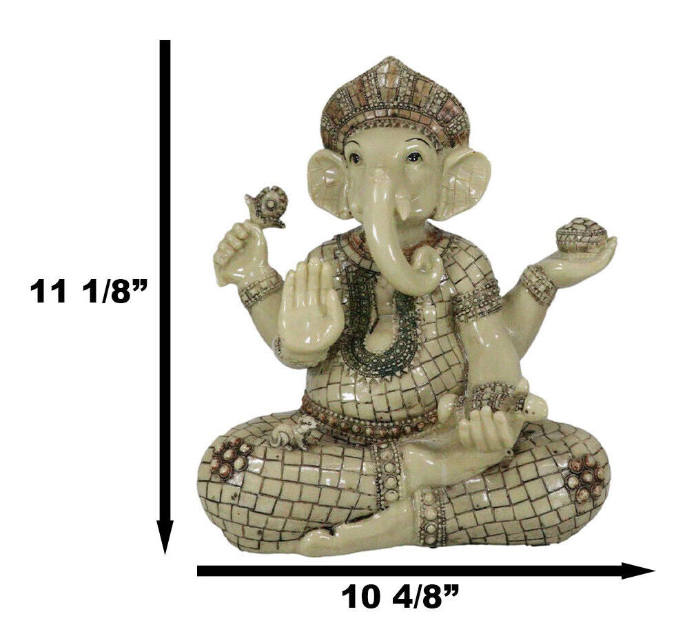 11" Hindu Ganesha Statue in Meditation with Bowl, Conch, and Lotus