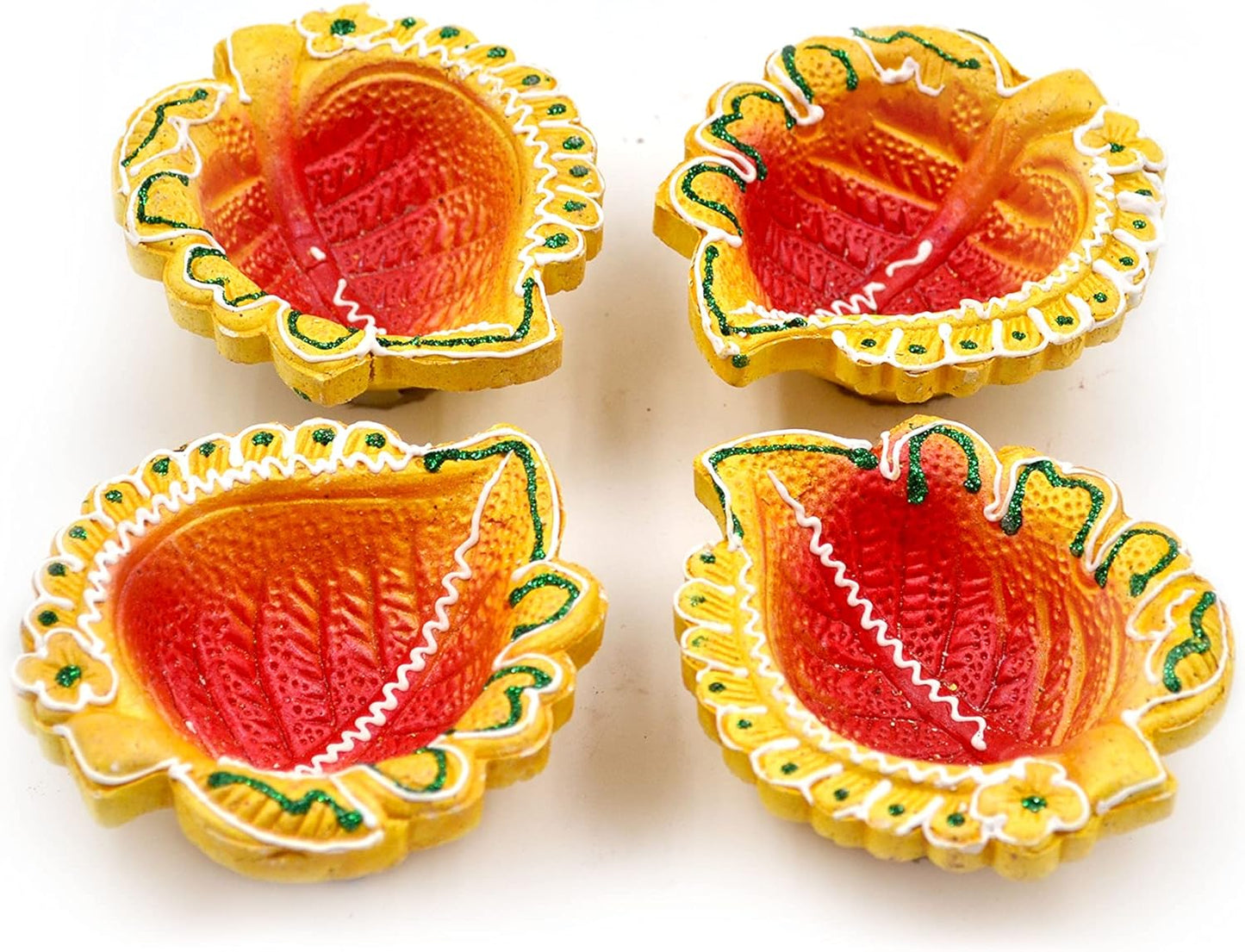 Festival Diya Set for Decoration | Handmade Clay Diya for Diwali Gift/Decorations/Natural Earthen Oil Lamp/Traditional Diyas for Pooja Multicolour (Set of 4 Pcs) (Flower Red & Yellow Diya)