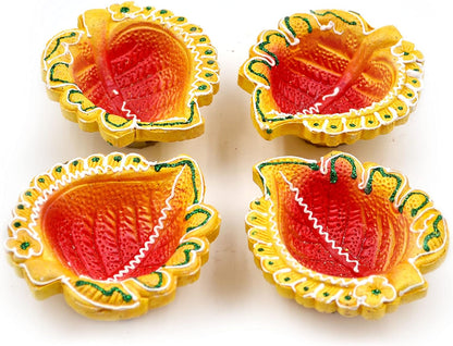 Festival Diya Set for Decoration | Handmade Clay Diya for Diwali Gift/Decorations/Natural Earthen Oil Lamp/Traditional Diyas for Pooja Multicolour (Set of 4 Pcs) (Flower Red & Yellow Diya)