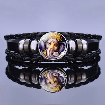 India Supernatural Being Statement Bangle Bracelet Elephant God Shiva Buddha Photo Black Leather Glass Cabochon Bracelets