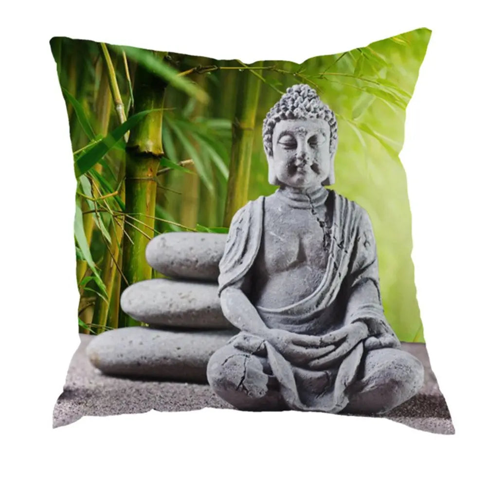 Indian Buddha Statue Stone Carving Sakyamuni Linen Pillowcase 